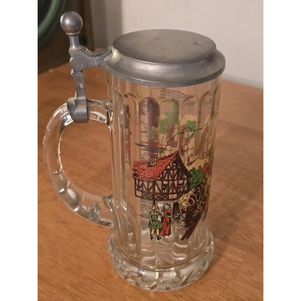 ​Vintage Rastal German Glass Beer Stein Pewter Lid Horse Drawn Carriage Village